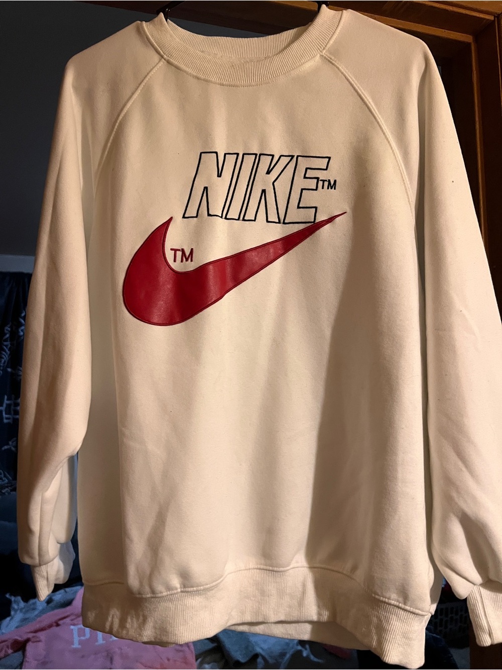 Nike Men’s Cream Crewneck Sweatshirt with Red Swoosh and Black Outline
